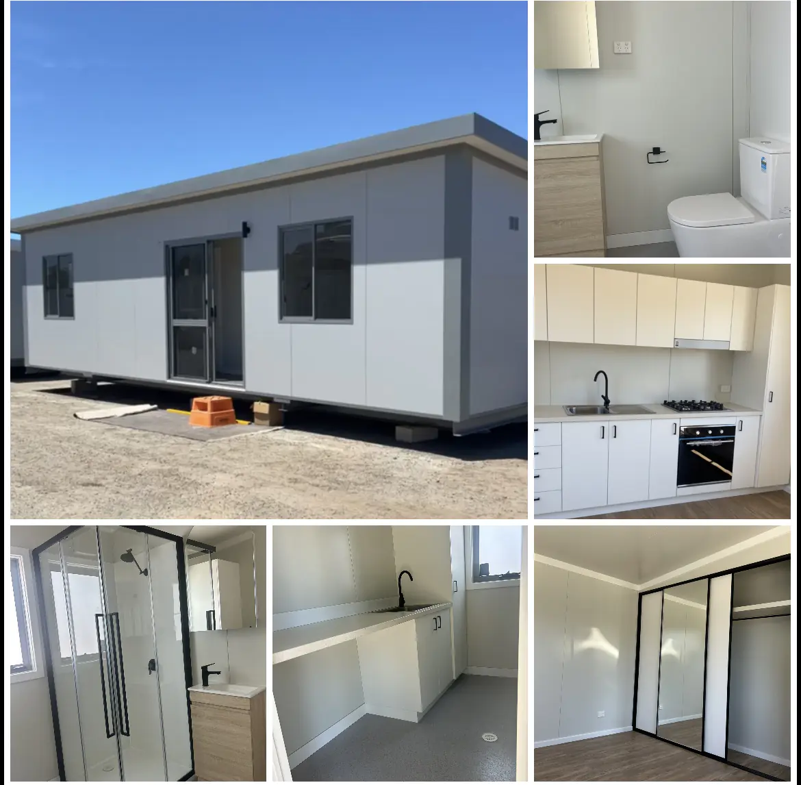 Options for choosing the designs and build of Auswest Modular Homes built in Perth, Western Australia - Exterior image and Interior Images of Modular kitchen, bathroom and laundry.