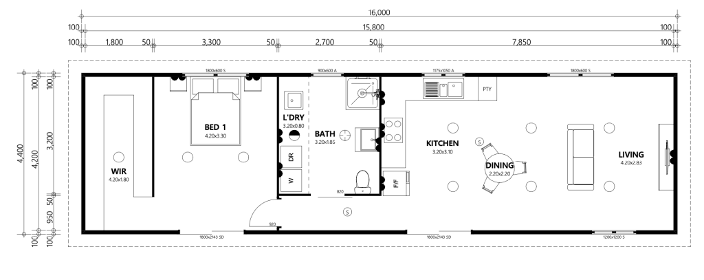 Auswest Modular Home 1 bedroom premium 16x4 4 floor plan for Western Australia