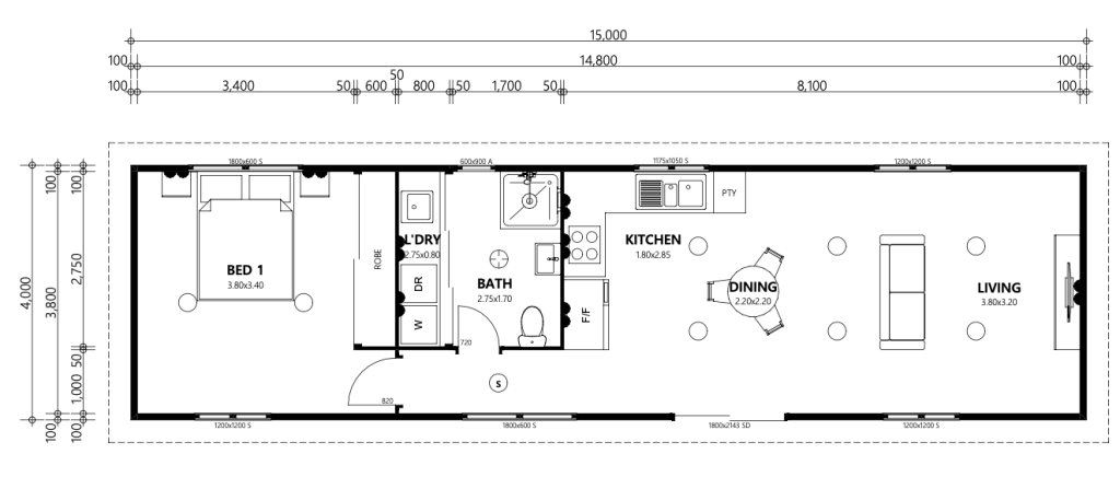 Auswest Modular Home 1 bedroom standard 15x3 8 floor plan for Western Australia