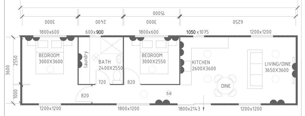 Auswest Modular Homes 2 bedroom and 1 bathroom 15x3.8 floor plan for Western Australia
